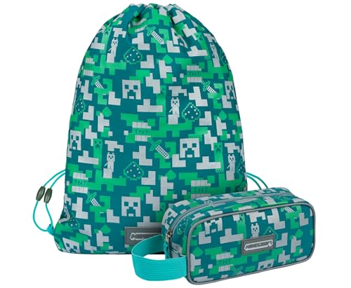 Baagl Minecraft Federmäppchen und Turnbeutel Set 2 Teilig für Jungen und Mädchen, Schule Mäppchen, Gymsack, Federmappe, Schuhbeutel, Federtasche für Teenager, Kinder Etui (Silver Creeper) von Baagl