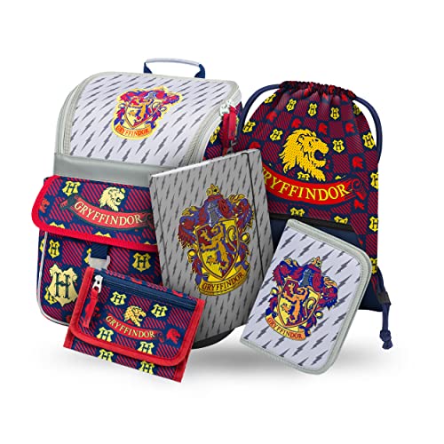 Baagl Schulranzen Jungen Mädchen Set 5 Teilig - Schultasche ab 1. Klasse - Grundschule Ranzen mit Brustgurt - Ergonomischer Schulrucksack (Harry Potter Gryffindor) von Baagl