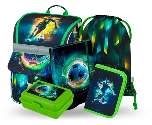 Baagl Schulranzen Jungen Set 5 Teilig - Schultasche ab 1. Klasse - Grundschule Ranzen mit Brustgurt - Ergonomischer Schulrucksack (Fußballspieler) von Baagl