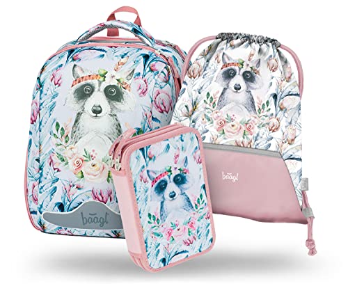 Baagl Schulranzen Mädchen Set 3 Teilig, Shelly Hartschalen Schultasche ab 1. Klasse, Ergonomische Grundschule Ranzen mit Brustgurt (Waschbär) von Baagl