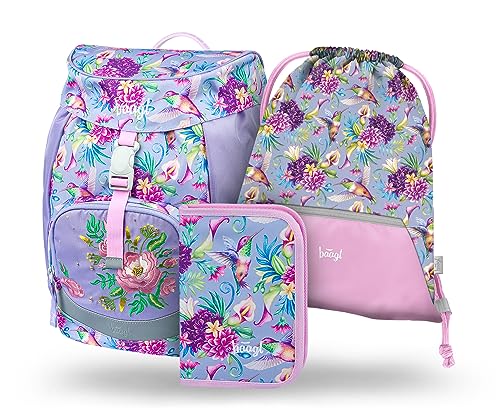 Baagl Schulranzen Mädchen für Grundschule Volksschule, Airy Schultasche Set 3-Teilig, Grundschule Schulrucksack für Kinder, Ranzen für Schule, Tornister (Kolibri) von Baagl