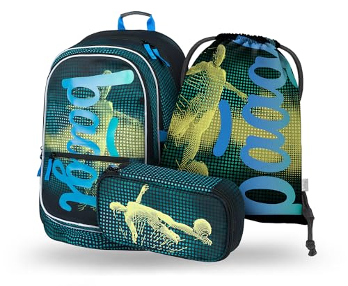 Baagl Schulrucksack Set Jungen 3 Teilig, Schultasche für Grundschule Volksschule, Grundschule Ranzen mit Brustgurt, Ergonomischer Schulranzen (Football) von Baagl