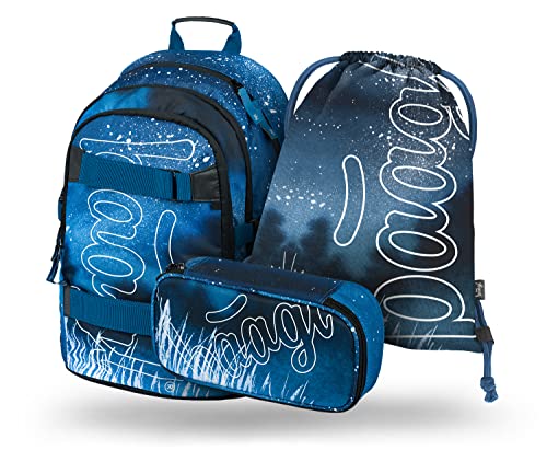 Baagl Schulrucksack Set Jungen 3 Teilig, Schultasche ab 3. Klasse, Grundschule Ranzen mit Brustgurt, Ergonomischer Schulranzen (Skate Steel) von Baagl