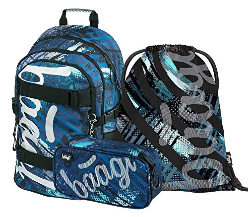 Baagl Schulrucksack Set Jungen 3 Teilig, Schultasche ab 3. Klasse, Grundschule Ranzen mit Brustgurt, Ergonomischer Schulranzen (Skate Strukturen) von Baagl