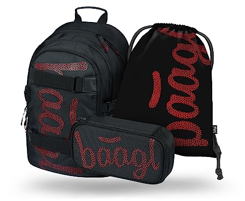 Baagl Schulrucksack Set Jungen Mädchen 3 Teilig, Schultasche ab 3. Klasse, Grundschule Ranzen mit Brustgurt, Ergonomischer Schulranzen (Skate Red) von Baagl