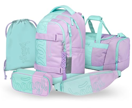 Baagl Schulrucksack Set Jungen Mädchen Teenager 5 Teilig, (Skateboard Rucksack Skate MAX, Mäppchen, Turnbeutel, Sporttasche, Bauchtasche), Ergonomischer Schulranzen, 30 l (Sweet) von Baagl