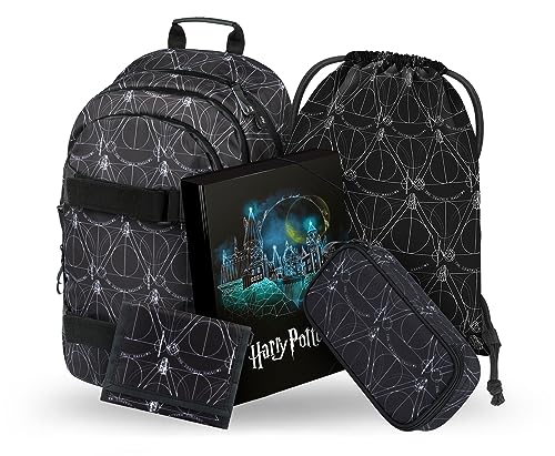 Baagl Schulrucksack Set Mädchen Jungen 5 Teilig, Schultasche ab 3. Klasse, Grundschule Ranzen mit Brustgurt, Ergonomischer Schulranzen (Harry Potter Deathly Hallows) von Baagl