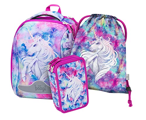 Baagl Schulranzen Set Mädchen 3 Teilig, Shelly Hartschalen Schultasche ab 1. Klasse, Ergonomische Grundschule Ranzen mit Brustgurt (Unicorn) von Baagl