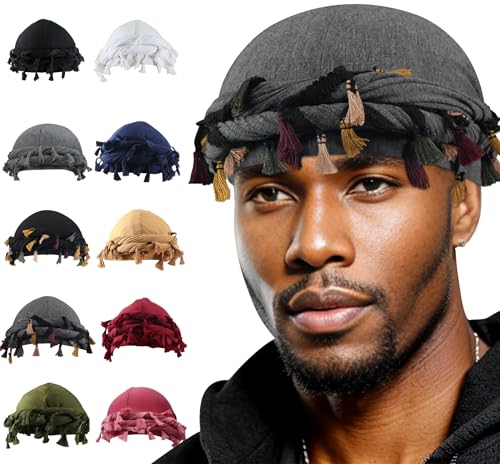 Babalet Halo Turban for Men Women Satin Lined Durag Head Wraps Scarf Skull Cap Pre-Tied Tassel Beanie Sleeping Bonnet Headwraps Chemo Hair Loss Hat,Grey with Colorful Tassel von Babalet