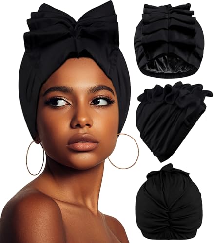 Babalet Stretch Turban Hüte afrikanische doppellagige Headwraps Weiche vorgebundene Motorhaube Haarwickel Rüschen Turbane für schwarze Frauen, Schwarz, Einheitsgröße von Babalet