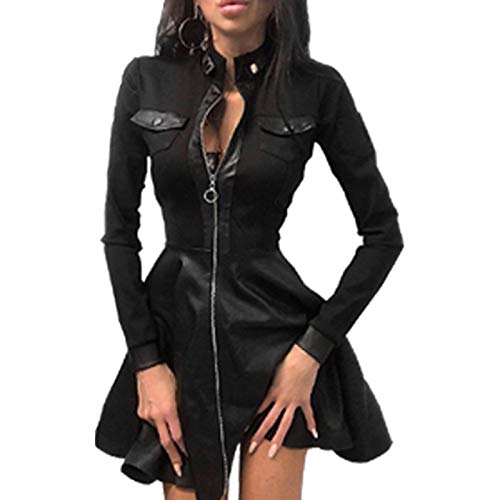 Damen PVC Zip Front Clubwear Kleid Kunstleder Rock Patchwork A-Line Kleid von Babao