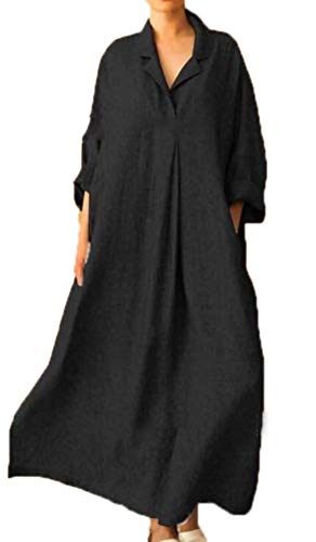 Damen V-Ausschnitt Baumwolle Leinen Kleid Casual Loose Shirt Kleid Plus Size Long Shirt von Babao
