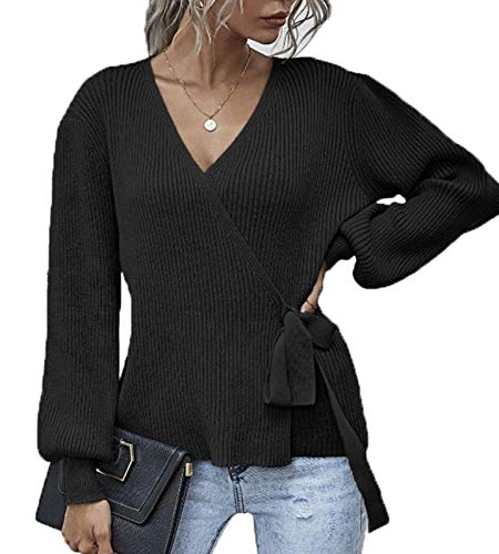 Frauen Deep V-Neck Strickpullover Cross Wrap Front Jumper Bandage Gestrickte Bluse Pullover von Babao