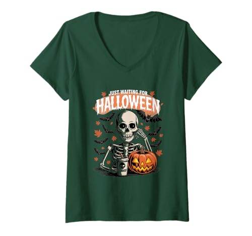 Damen Just Waiting for Halloween Funny Skelett Humor T-Shirt mit V-Ausschnitt Damen Just Waiting for Halloween Funny Skelett Humor T-Shirt mit V-Ausschnitt von Babazon