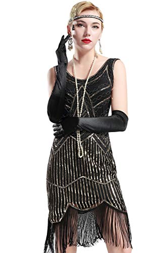 BABEYOND Retro 1920s Stil Damen Kleid Karneval Flapper Kleid V Ausschnitt Troddel Gatsby Mottoparty Damen Kostüm Kleid (Etikette L/ UK16/ EU44, Schwarz und Gold) von BABEYOND