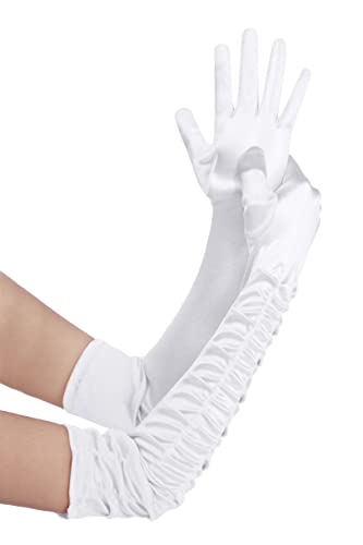 Babeyond Damen Satin Classic Opera Fest Party Audrey Hepburn Handschuhe 1920er Stil Elastisch Erwachsene Größe Ellenbogen bis Handgelenk Länge 52/55cm (Lang Gefaltet 52cm / Weiß) von BABEYOND