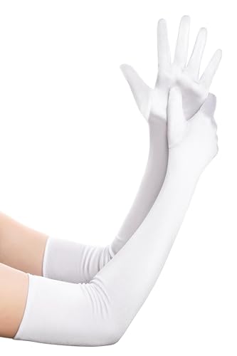 BABEYOND Damen Handschuhe Satin Classic Opera Fest Party Audrey Hepburn Handschuhe 1920er Stil Handschuhe Elastisch Erwachsene Größe Ellenbogen bis Handgelenk Länge 52/55cm (Lang Glatt 52cm / Weiß) von BABEYOND