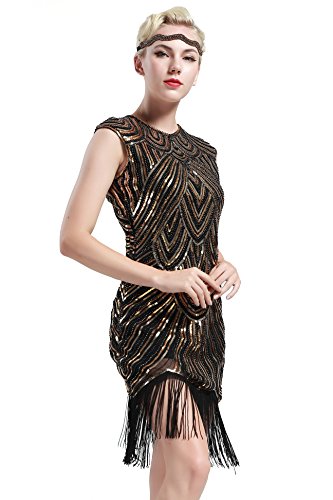 BABEYOND Damen Kleid voller Pailletten 20er Stil Runder Ausschnitt Inspiriert von Great Gatsby Kostüm Kleid (L (Fits 76-86 cm Waist & 94-104 cm Hips), Gold und Schwarz) von BABEYOND