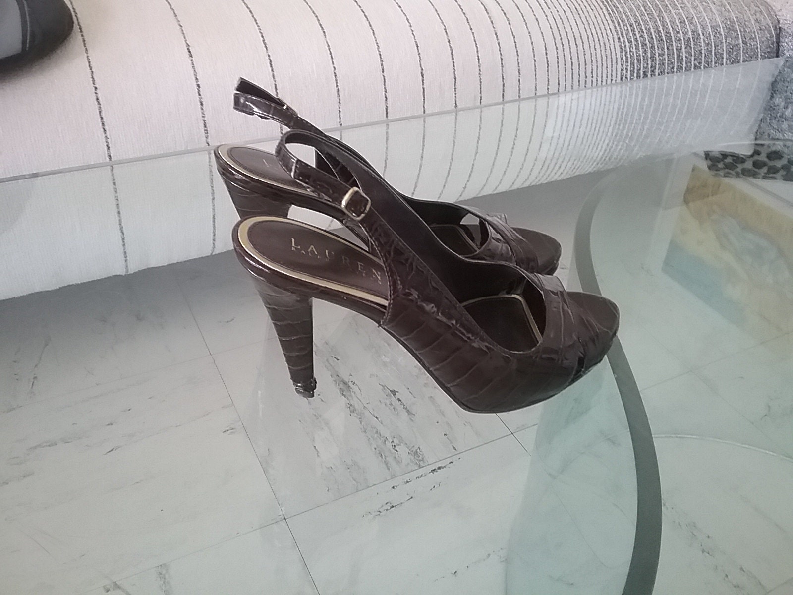 Vintage Sandalen Ralph Lauren Rindsleder Croco Way, Dunkelbraun, Perfekter Zustand, 90Er, Größe 6 1/2 von BabiakFingasVintage