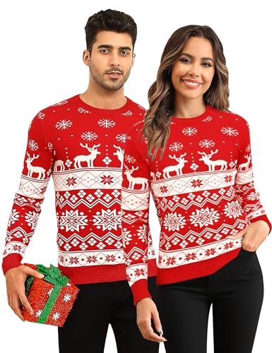 Babioboa Herren/Frauen Weihnachtspullover Feinstrick Rundhals Paare Langarmshirt Pulli Sweater Thermo Basic Oberteile Slim fit Strick Pullover(Damen Schneeflocken,S) von Babioboa