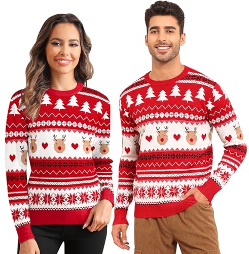 Babioboa Herren/Frauen Weihnachtspullover Feinstrick Rundhals Paare Langarmshirt Pulli Sweater Thermo Basic Oberteile Slim fit Strick Pullover(Herren Rentier,XXL) von Babioboa