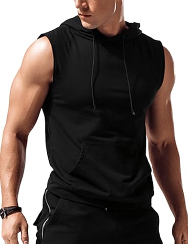 Babioboa Herren Fitness Kapuzenpullover Workout Tanktop mit Tasche ärmellos Hoodie Muskelshirt mit Tasche Gym Sports Schwarz XXL von Babioboa