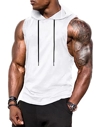 Babioboa Herren Muskelshirts Training Tanktop Workout Pullover mit Kapuze Unterhemd Sports Fitness Training Weiß L von Babioboa