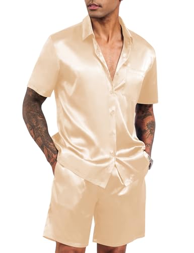 Babioboa Herren Satin Zweiteiliger Lapel Kurzarm Knopfleise Tops Jogger Shorts Set Tasche Dinner Suit(Champagne,M) von Babioboa