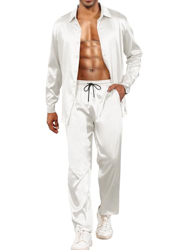 Babioboa Herren Trainingsanzug Seid Satin Set Hippie Knopfleise Hemd Langarm und Lassig Strand Hosen Yoga Outfits(Weiß,XXL) von Babioboa
