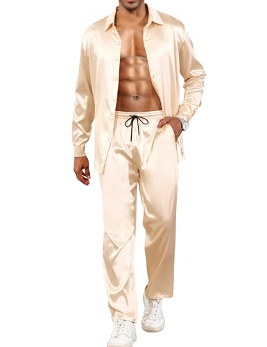Babioboa Herren Trainingsanzug Seid Set Hippie Knopfleise Hemd Langarm Lassig Hosen Strand Yoga Outfits(Champagne,XXL) von Babioboa