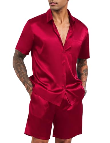 Babioboa Mens 2 Piece Seid Satin Set Kurzarm Hemd Sets Button Hemd & Shorts Nachtwäsche Outfits Hochzeit Party(Rot,XL) von Babioboa