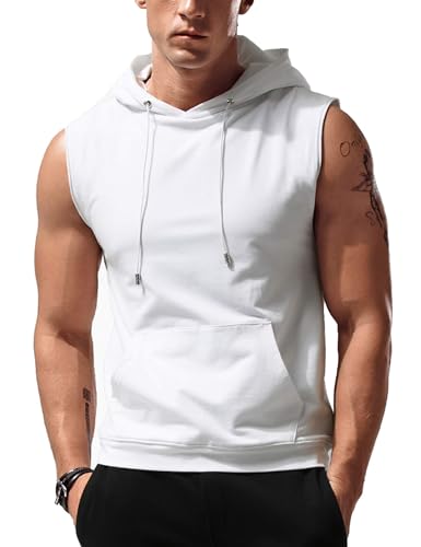 Babioboa Sports Herren Tank Top Ärmelloser Workout Sport Fitness Hoodie Muskelshirt mit Tasche für Gym Training Weiß M von Babioboa