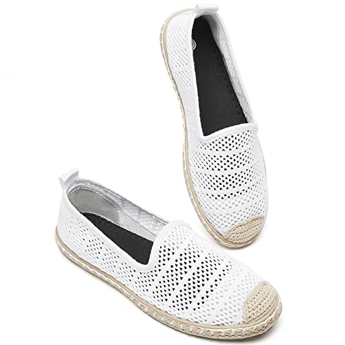 BABUDOG Atmungsaktive flache Damenschuhe aus Netzstoff, weiche Loafers, flache Schuhe, weiße Schlupfschuhe, Loafer, Weiss/opulenter Garten, 42 EU von Babudog