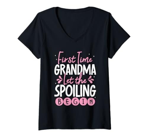 Damen First Time Grandma Let The Spoiling Begin T-Shirt mit V-Ausschnitt Damen First Time Grandma Let The Spoiling Begin T-Shirt mit V-Ausschnitt von Baby Ankündigung Groovy Retro Stile hier