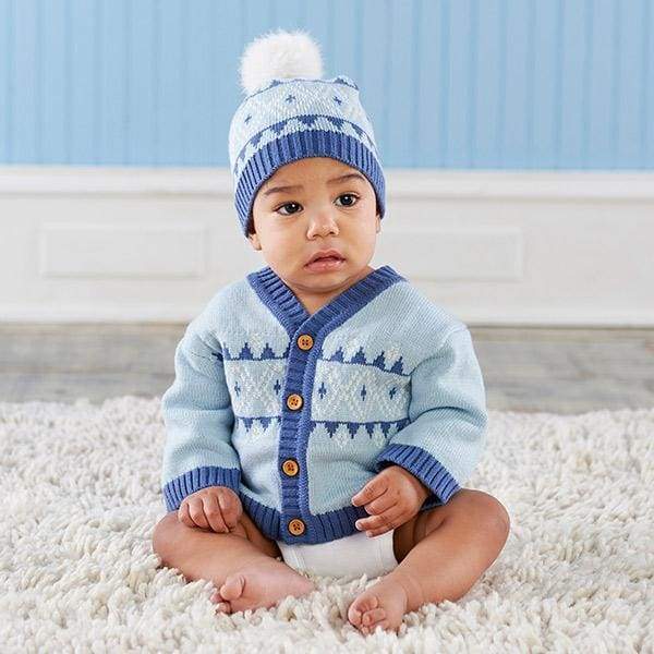 Blue Fair Isle Cardigan and Pom Pom Hat von Baby Aspen