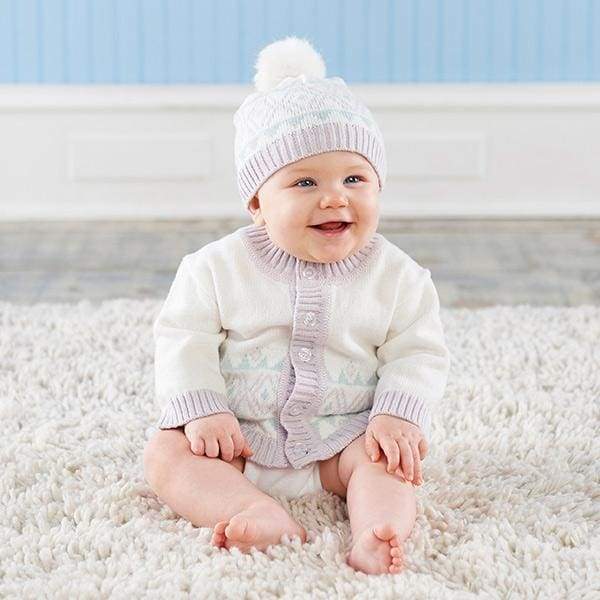 White Fair Isle Cardigan and Pom Pom Hat von Baby Aspen