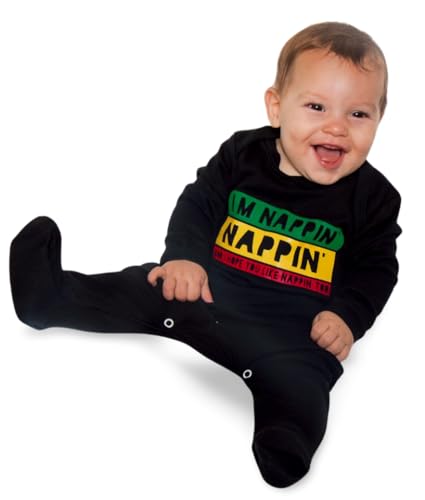 Baby Moo's Reggae Baby-Schlafanzug/cooles Rasta Bob Marley inspiriertes Baby-Outfit I'M NAPPIN, lustiger Baby-Schlafanzug, Jungen oder Mädchen, Baby-Geschenkidee, Schwarz , 0-3 Monate von Baby Moo's