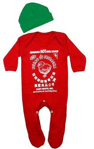 Baby Moo's SRIRACHA Baby-Schlafanzug- und Mützen-Set für Jungen oder Mädchen, lustiger süßer Strampler mit Chilisauce, Geschenk für Neugeborene oder Eltern, rot, 0-3 Monate von Baby Moo's