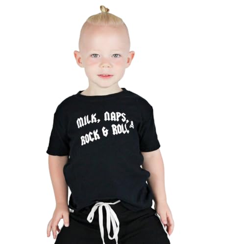 Rock N Roll Baby & Kids T-Shirt für Jungen oder Mädchen | Milk, Naps Rock & Roll t T-Shirt/cooles -Metall-Top – Babyparty, Geschenk zum 1. Geburtstag (6-12 Monate) von Baby Moo's