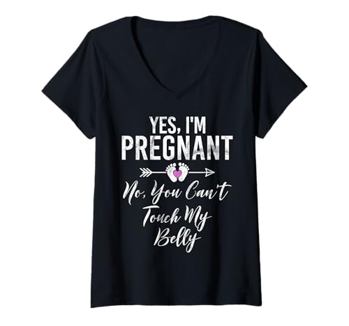 Damen Ja, ich bin schwanger Nein, du kannst meinen Bauch nicht anfassen Babyparty T-Shirt mit V-Ausschnitt von Baby Shower Gifts
