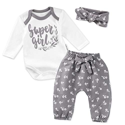 Baby Sweets® 3er Baby-Erstausstattung-Set Good Girl für Mädchen mit Langarm-Body, Hose und Haarband in Weiß-Grau als Baby-Bekleidungsset für Neugeborene und Kleinkinder/Größe 74 (6-9 Monate) von Baby Sweets