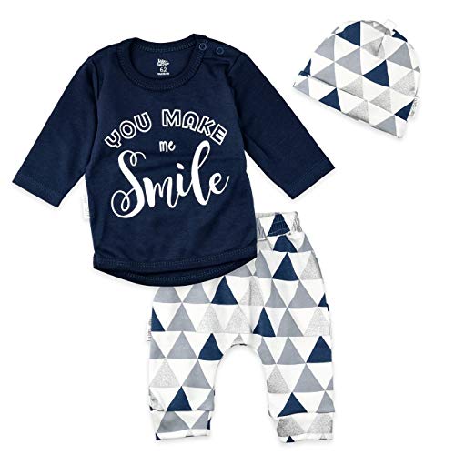 Baby Sweets® 3er Set Unisex-Baby-Bekleidung mit Hose, Oberteil & Baby-Mütze in Dunkelblau & Grau im Motiv You make me smile / 3-tlg. Baby-Set Neugeborene & Kleinkinder/Größe Newborn (56) von Baby Sweets