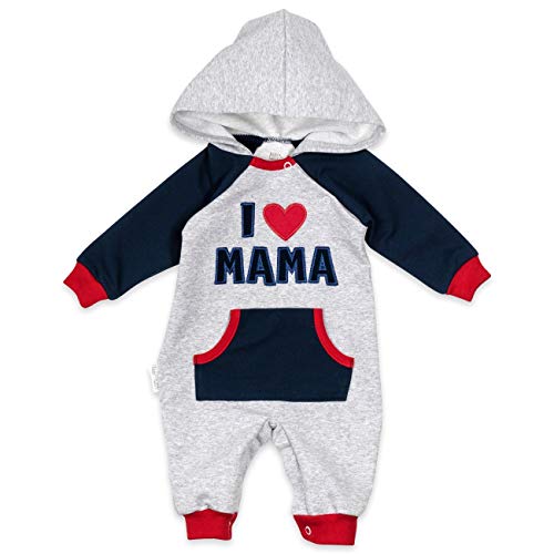 Baby Sweets® Baby Overall in Hellgrau, Navy & Rot als Walkoverall Baby für Mädchen & Jungen im I Love Mama Motiv/Baby Strampler mit Kapuze/Baby Erstausstattung/Größe 3-6 Monate (68) von Baby Sweets