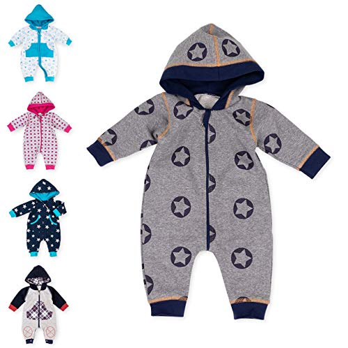 Baby Sweets® Baby Overall und Walkoverall Baby mit Kapuze für Jungen in Grau Dunkelblau im Stern-Motiv - Baby Strampler/Walkanzug als Baby Kleidung für Kleinkinder in Größe: 6 Monat (68) von Baby Sweets