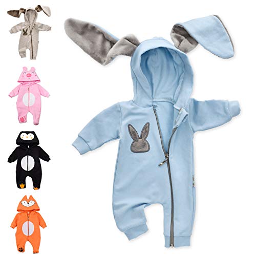 Baby Sweets® Tier Walkoverall Baby Unisex Hellblau im Motiv: Hase/Baby Overall als Baby Strampler mit Kapuze für Neugeborene & Kleinkinder in der Größe 0-3 Monate (62) von Baby Sweets