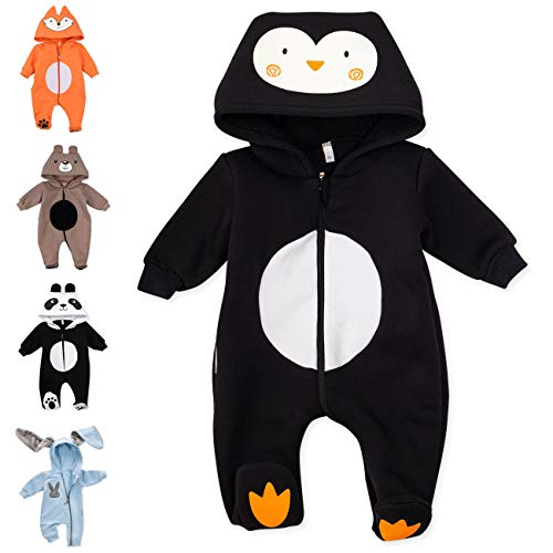 Baby Sweets® Tier Walkoverall Baby Unisex schwarz im Motiv: Pinguin/Baby Overall als Baby Strampler mit Kapuze für Neugeborene & Kleinkinder in der Größe 0-3 Monate (62) von Baby Sweets