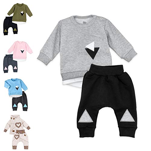 Baby Sweets® Unisex 2er Baby Set mit Baby Hose & Baby Langarmshirt für Mädchen & Jungen/Baby Outfit in Grau-Schwarz im Triangle-Motiv/Baby Kleidung Set aus Baumwolle in Größe: 12-18 Monate (86) von Baby Sweets