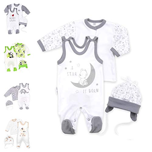 Baby Sweets® Unisex 3er Baby Set mit Strampler, Baby Langarmshirt & Babymütze für Jungen & Mädchen in Weiß Grau / Baby Kleidung Set im Bär-Motiv für Neugeborene & Kleinkinder Größe: 6 Monate (68) von Baby Sweets