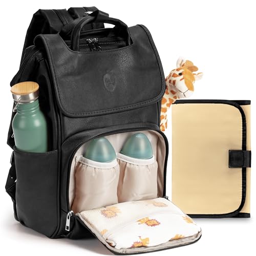 Baby Uma Wickeltasche mit Wickelunterlage - Wickelrucksack mit isolierten Flaschenhaltern, Windeltasche mit großer Kapazität für Unterwegs, Kunstleder Wickeltasche Kinderwagen, Rucksack mit Laptopfach von Baby Uma