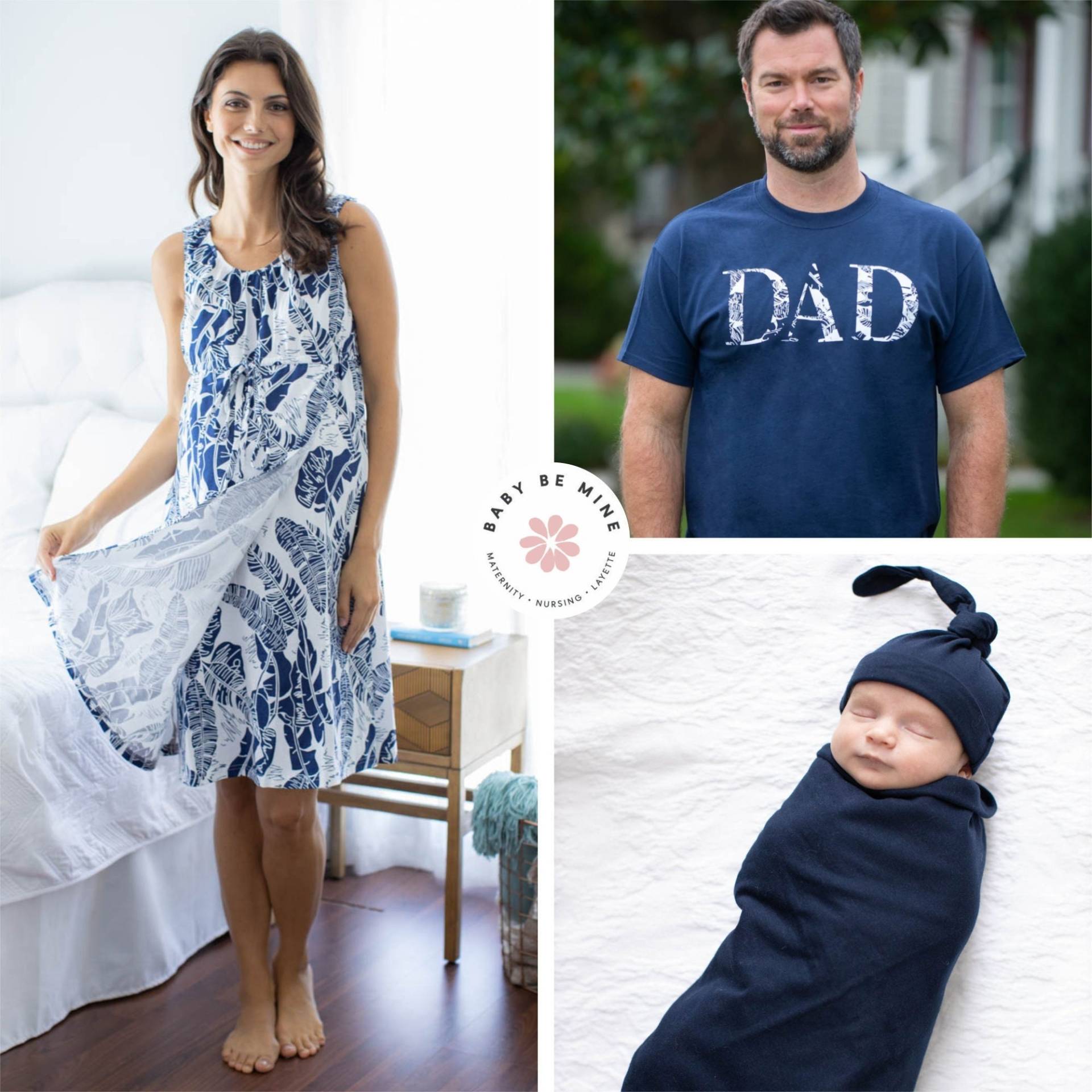 Mutterschafts-Arbeits-Geburts-Krankenhaus-Pflegemantel & Marine-Baby-Jungen Swaddle-Decken-Set + Papa-Vater-T-Shirt/Babypartygeschenk Baby Sind von BabyBeMineAndGownies